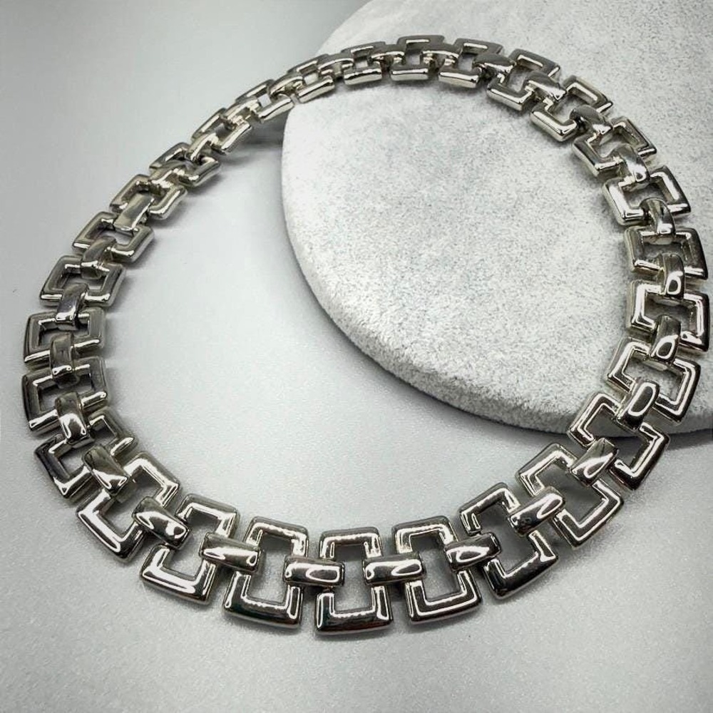 Vintage Chunky Silver Tone Choker Necklace Square Link 16" Heavy Bold Statement - Picture 3 of 11